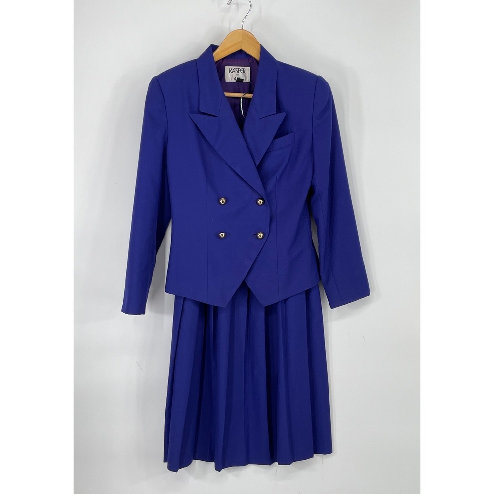 Vintage Kasper for ASL Womens Skirt Suit 4 Blazer Midi Royal Blue Pleated 2pc